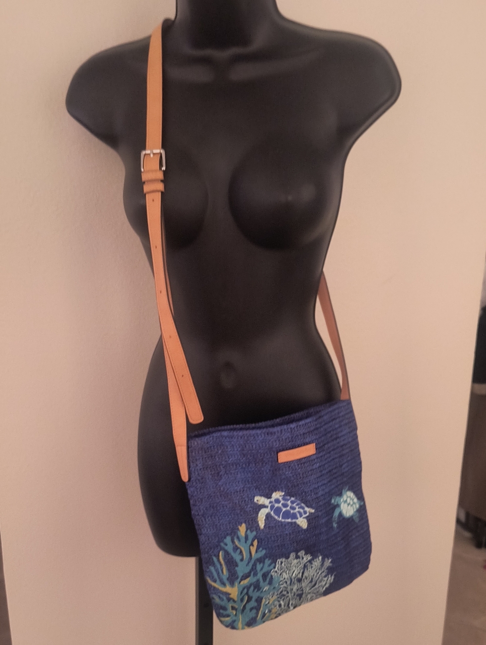 Vera Bradley Blue Embroidered Sea Turtle Crossbody with Tan Strap